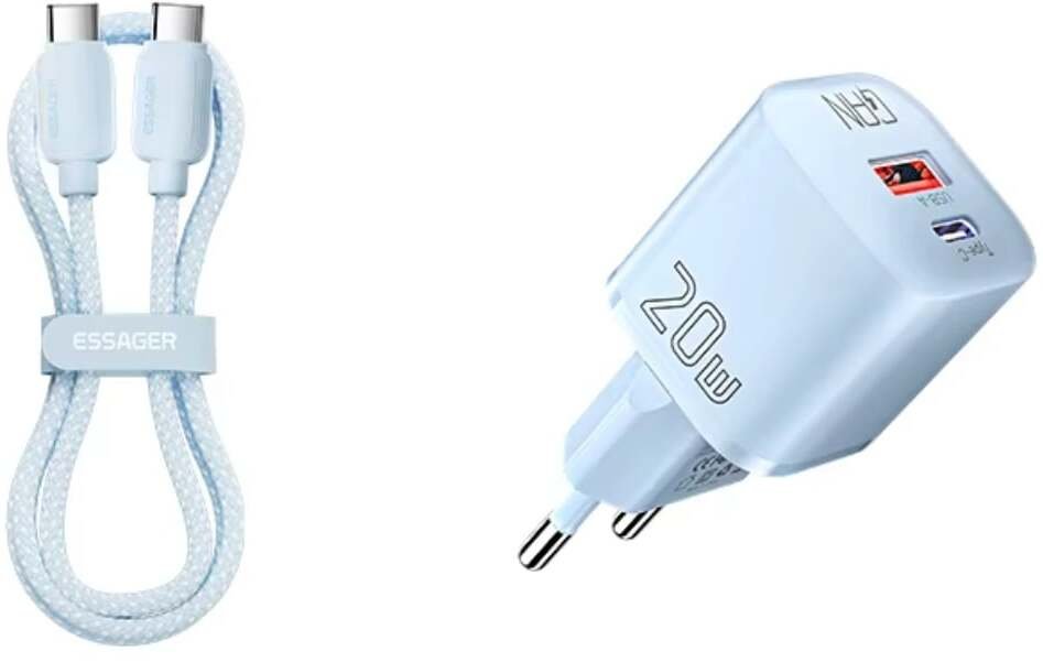 Ładowarka szybka sieciowa ESSAGER 20W + kabel 1m USB-A + USB-C