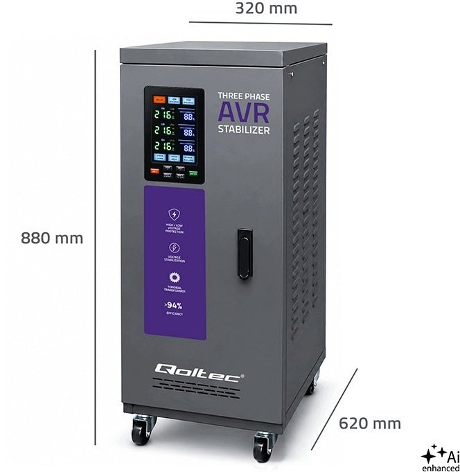 Qoltec Trójfazowy stabilizator napięcia AVR MULTIPROTECTION | 20kVA | Dokładność ± 3% | Serwomotor 3...