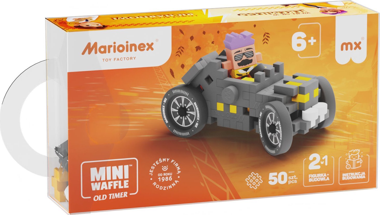 Marioinex Klocki Mini Waffle Autka 50 elementów Autko Wycigowe szare