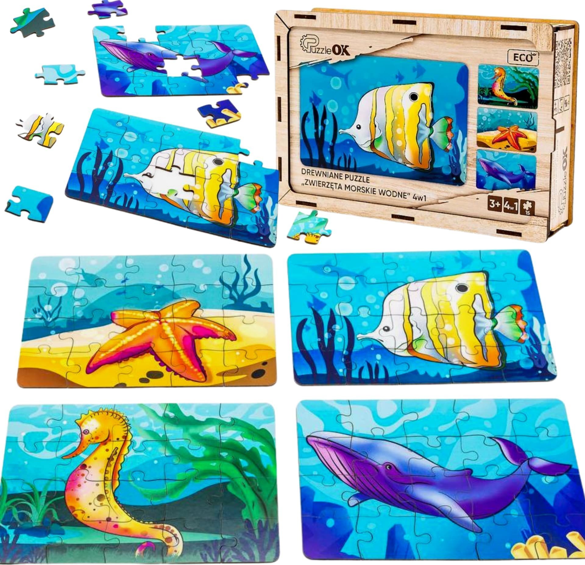 PuzzleOK Drewniane Puzzle 4w1 Zwierzęta Morskie Wodne Układanka Zestaw