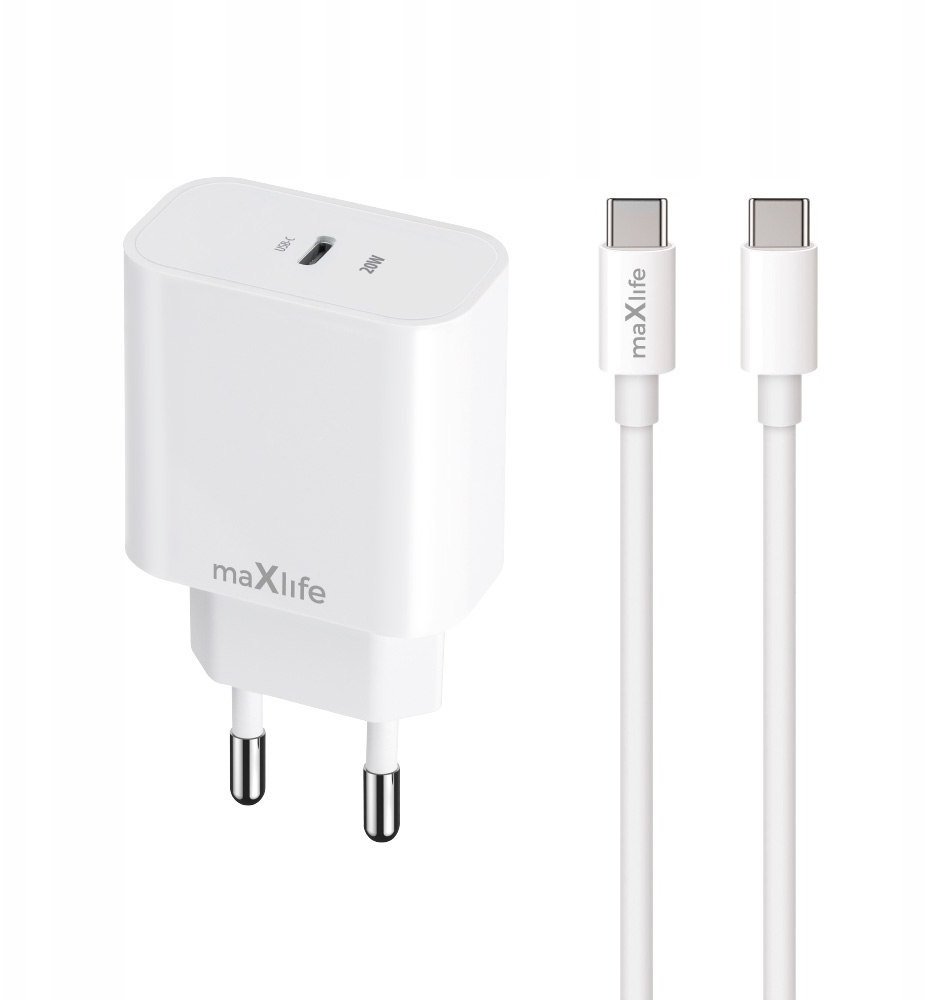 Maxlife ładowarka sieciowa PD QC MXTC-06-20C 1x USB-C 20W biała + kabel USB-C - USB-C 20W
