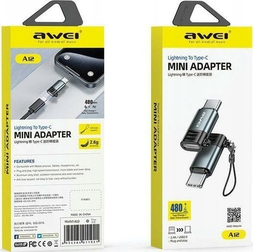Adapter USB Awei A12 USB-C - Lightning Szary