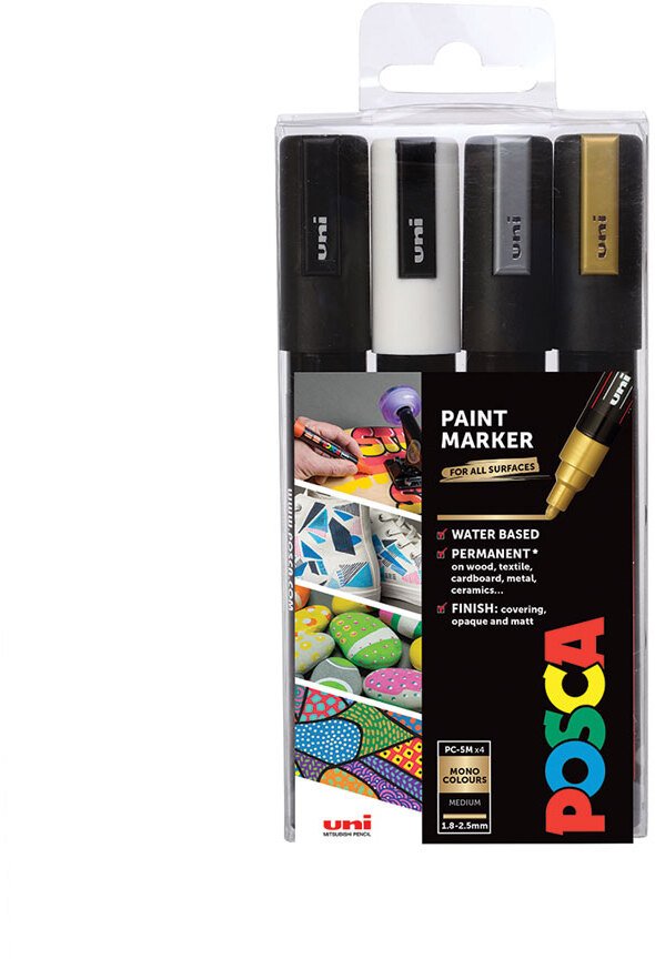 UNIBALL POSCA PC-5M, Black, Gold, Silver, White, Multicolour, 4 colours, Medium, Water-based ink, Bu...