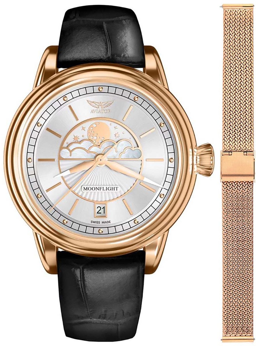 Zegarek Aviator Zegarek damski Aviator V.1.33.2.251.4BM-SET różowe złoto