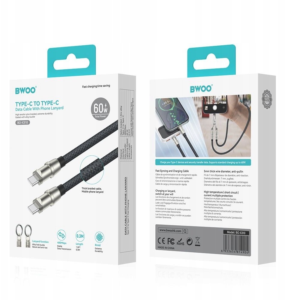 BWOO kabel Smycz USB-C - USB-C 1,2m 60W zawieszka