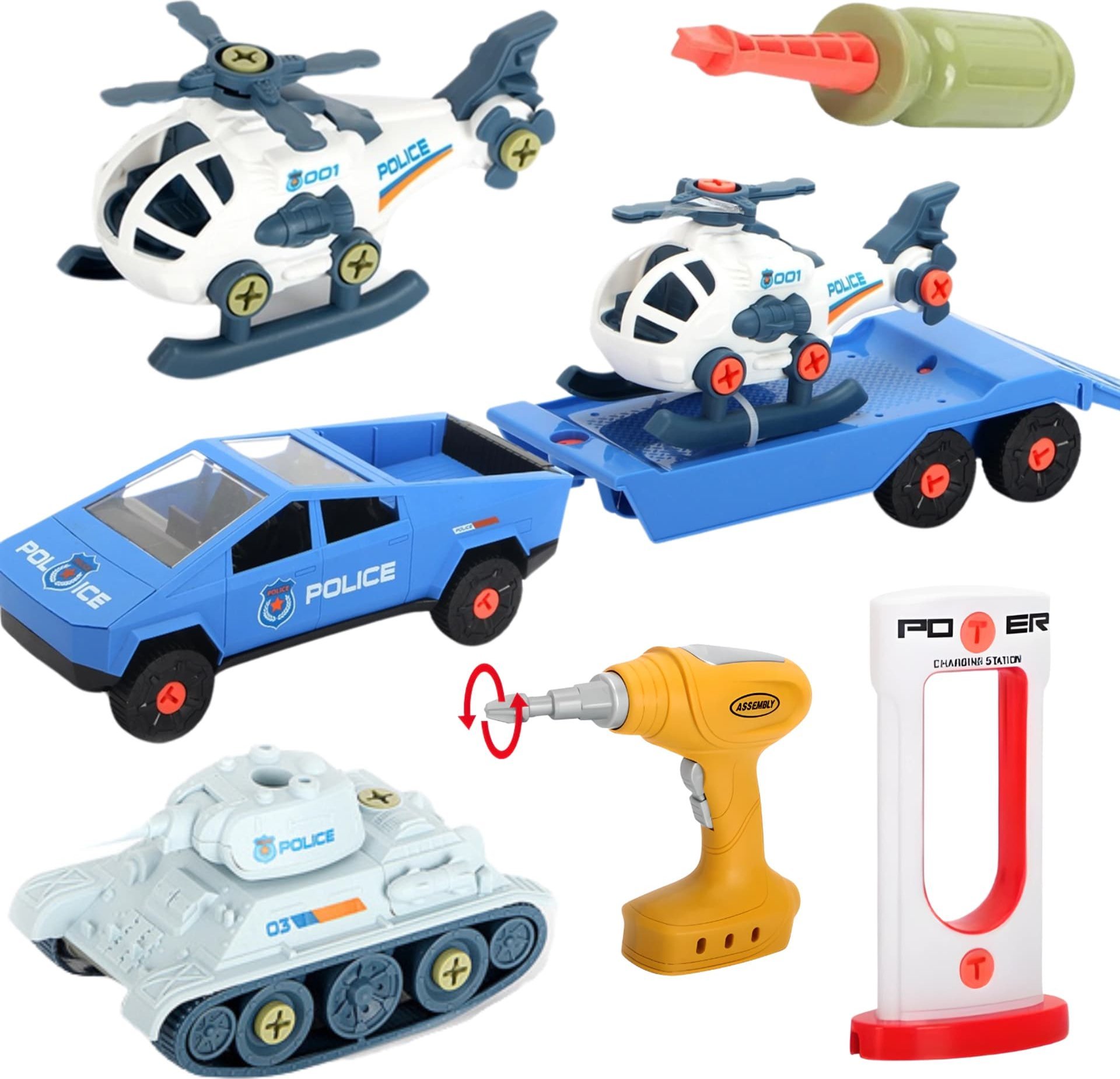 ProNice ZESTAW SAMOCHÓD DO MONTAŻU Z PRZYCZEPĄ CZOŁG HELIKOPTER WIERTARKA ŚRUBOKRĘT