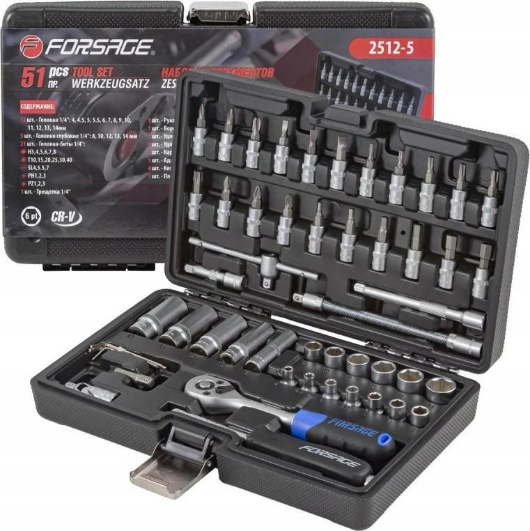 Zestaw narzędzi Forsage Zestaw narzędzi 51el. 1/4" (4-14mm, 6-kąt.)