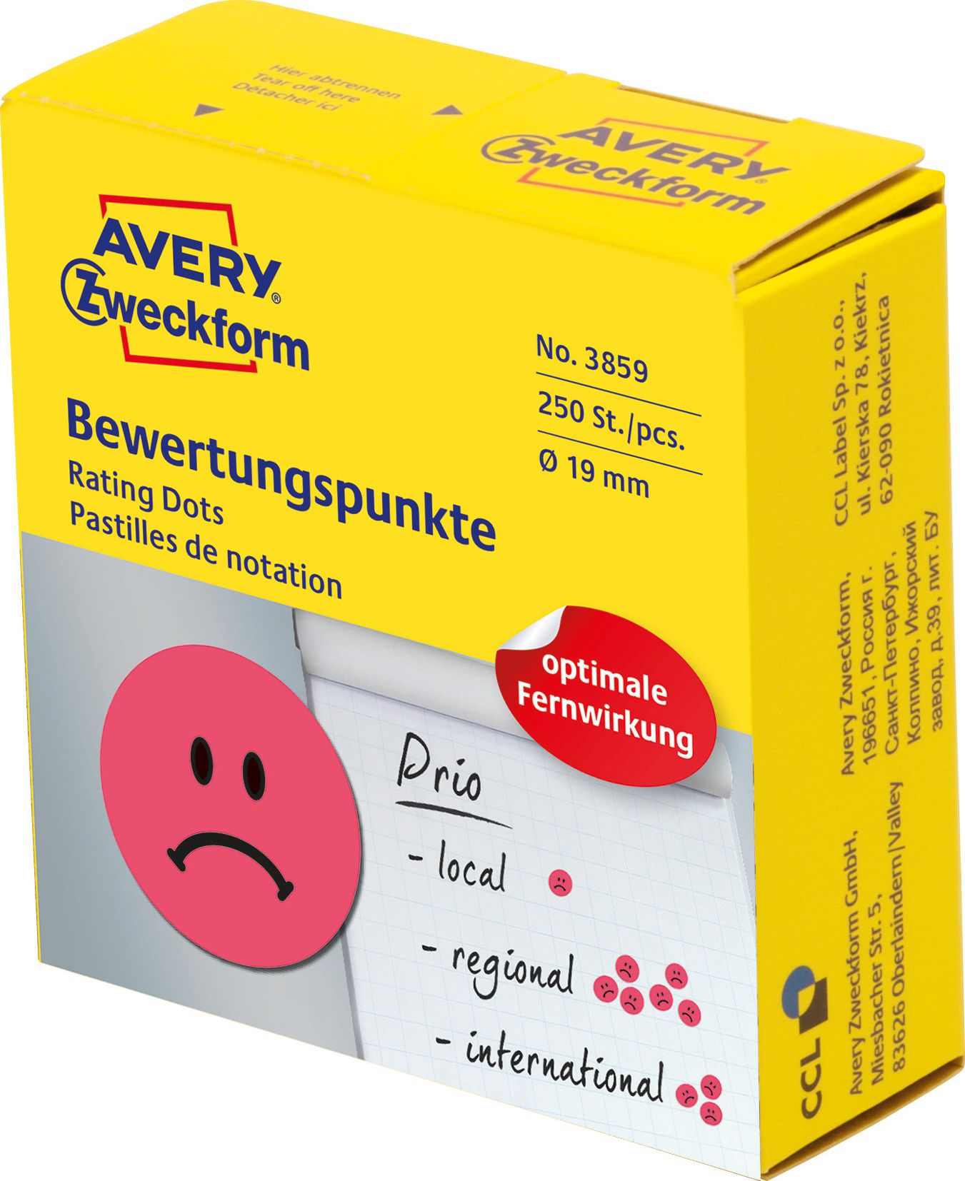 Avery Zweckform Kółka z symbolami do zaznaczania, 'Smutna buźka', 250 szt./rolka, O19 mm, , CZERWONY...