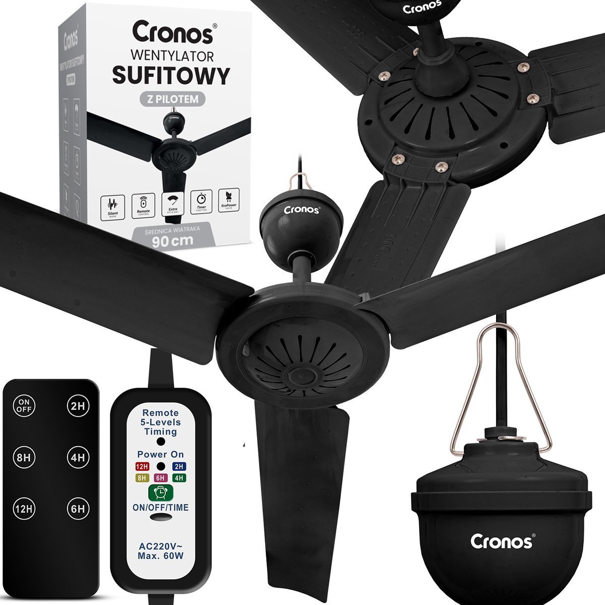 Wentylator Cronos FC11-90 - sufitowy 90cm czarny + pilot