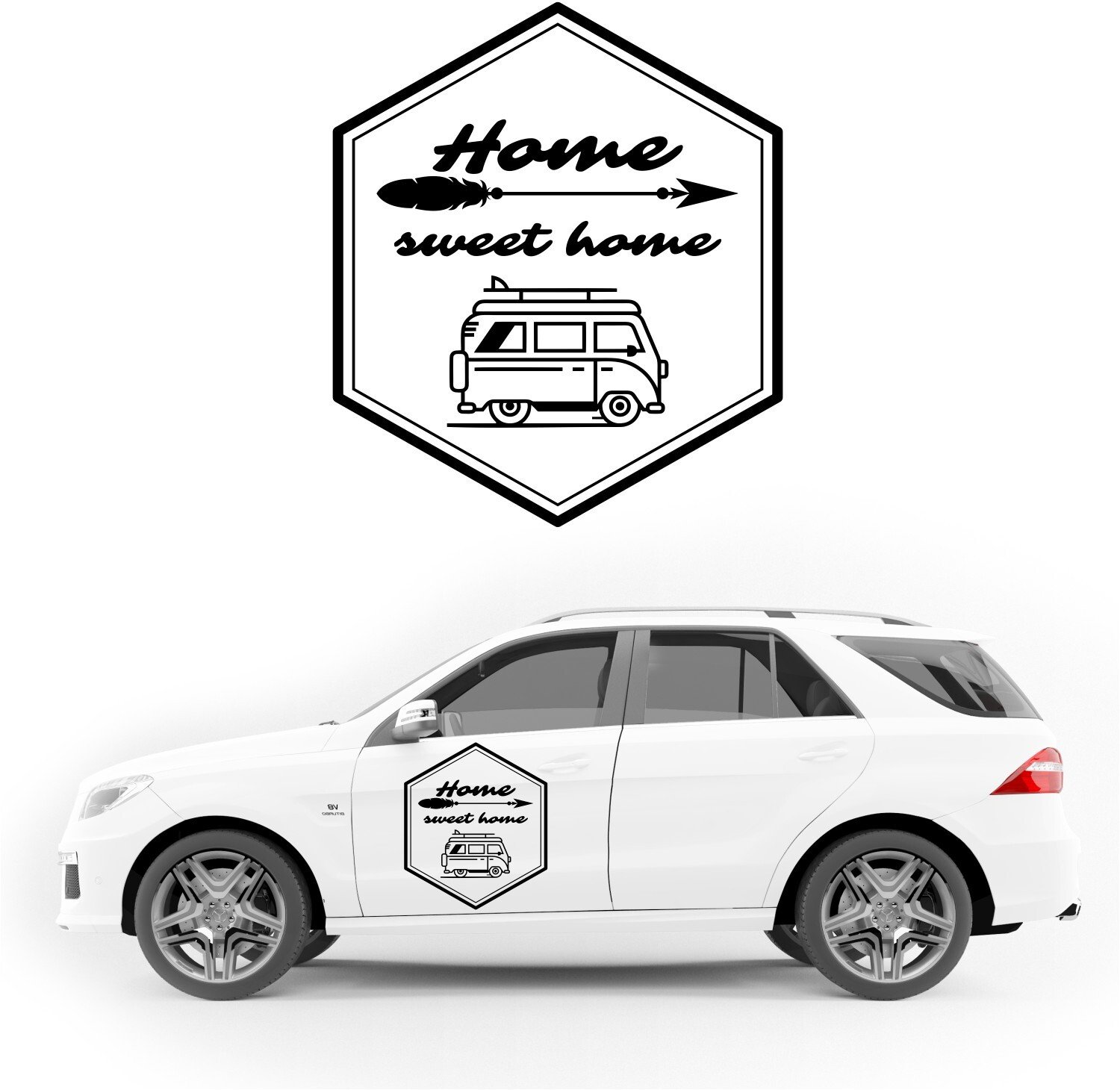 Stabilus NAKLEJKA NA BOK AUTA dekoracyjna wodoodporna sześciokąt Home sweet home napis strzałki KAMPER przyczepę kempingową camper auto samochód 35cm