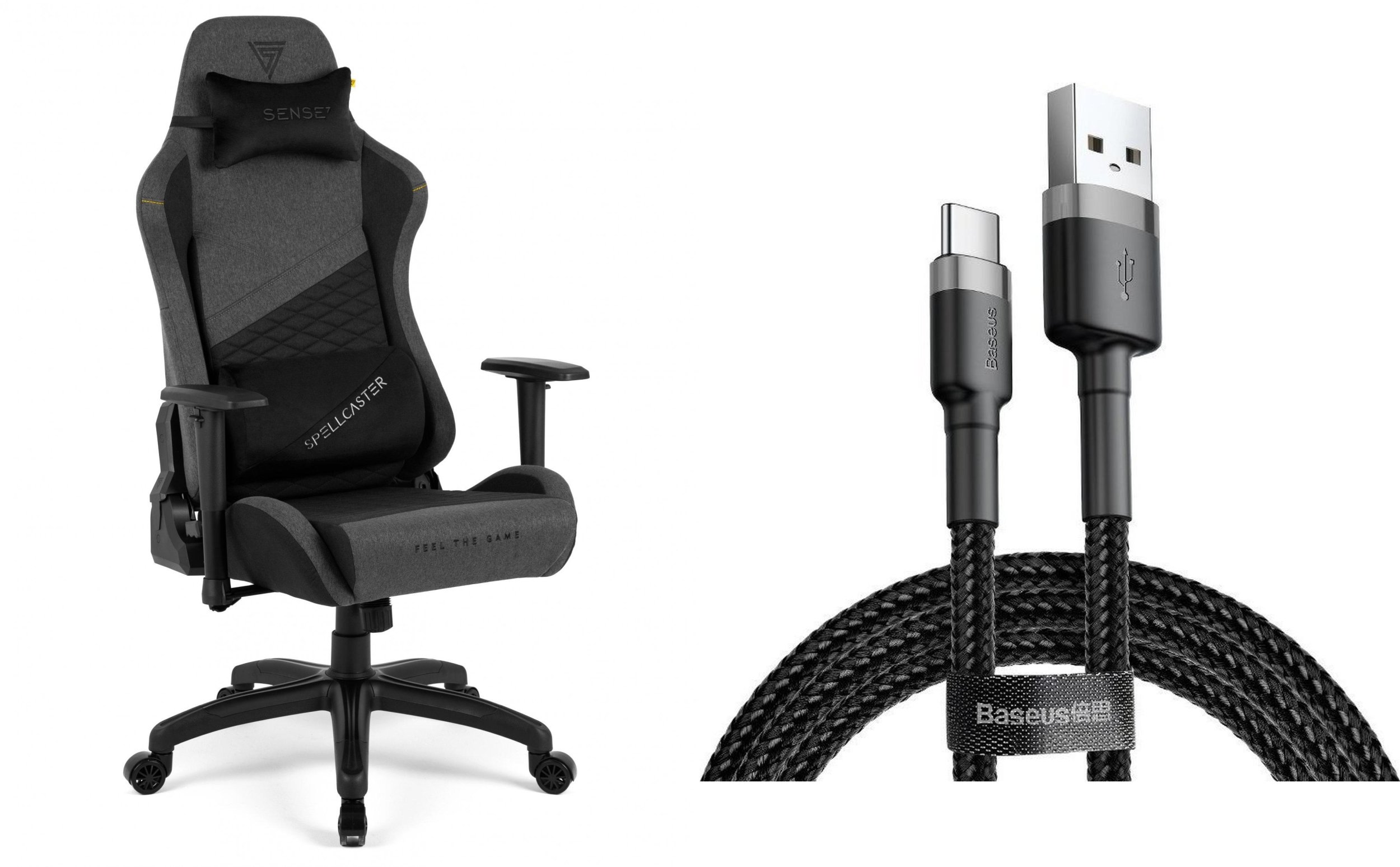 Fotel SENSE7 Spellcaster materiałowy Senshi Edition XL szary + kabel usb