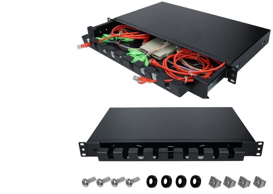 Szuflada zapasu kabla do szafy RACK 19 1U 320mm przełącznica wysuwana z organizerem Czarna