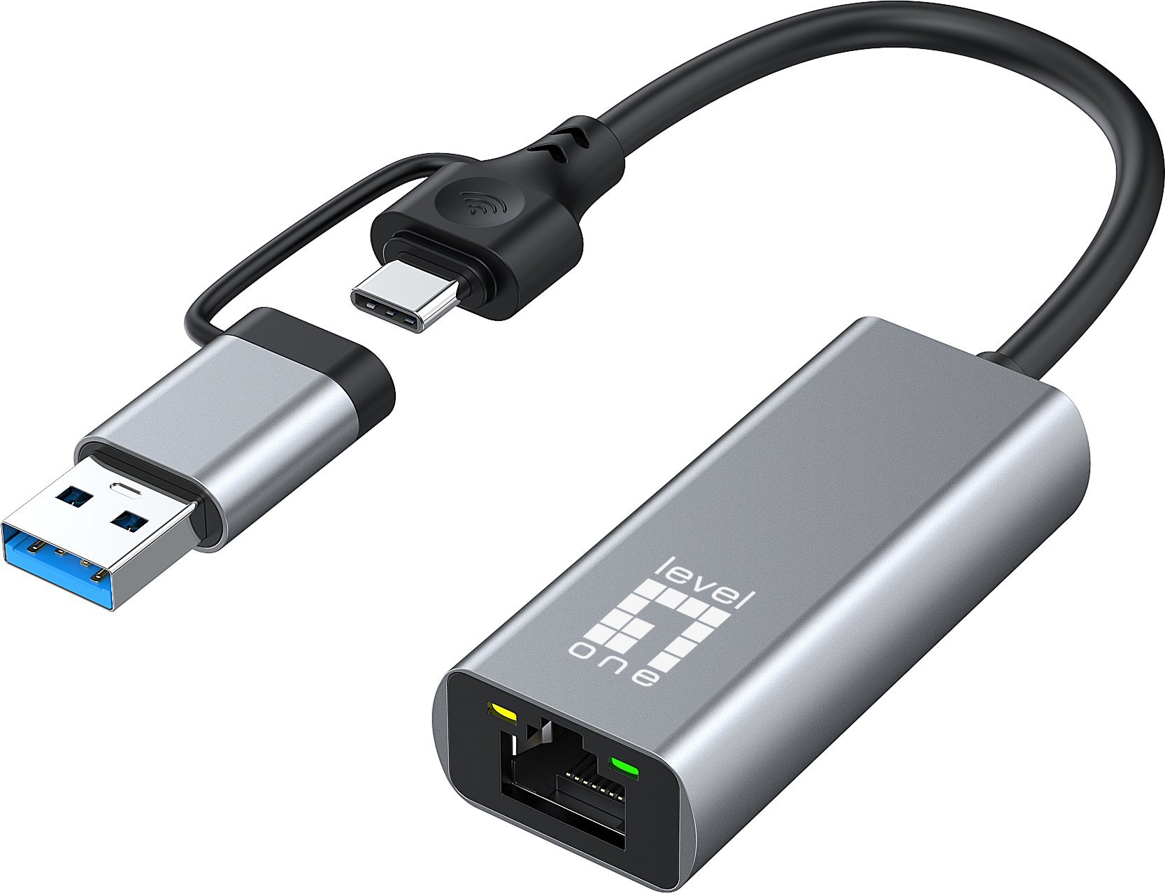 Adapter USB LevelOne RJ-45 - USB-C + USB-A Srebrny (USB-0423)