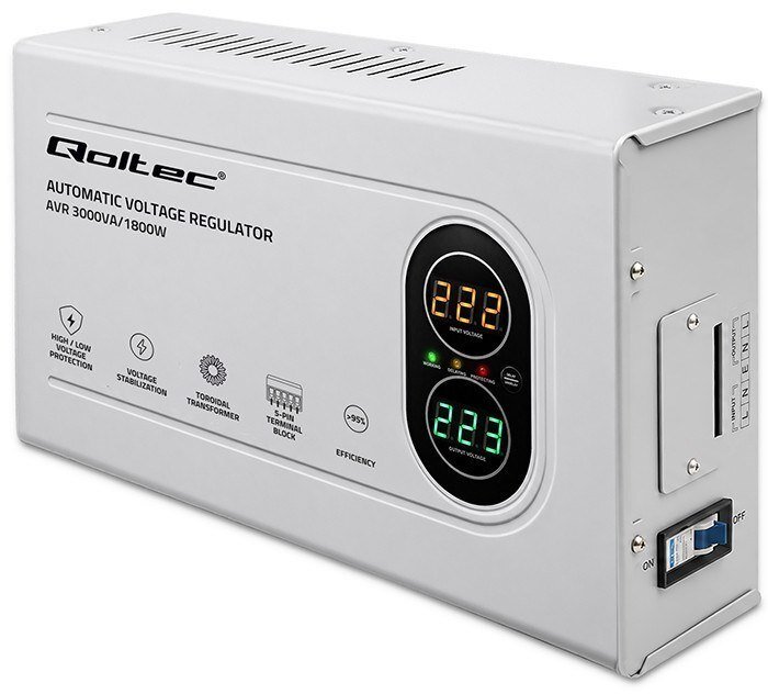 Qoltec Automatyczny Stabilizator napięcia AVR 3000VA | 1800W | Compact | Toroidalny transformator (5...
