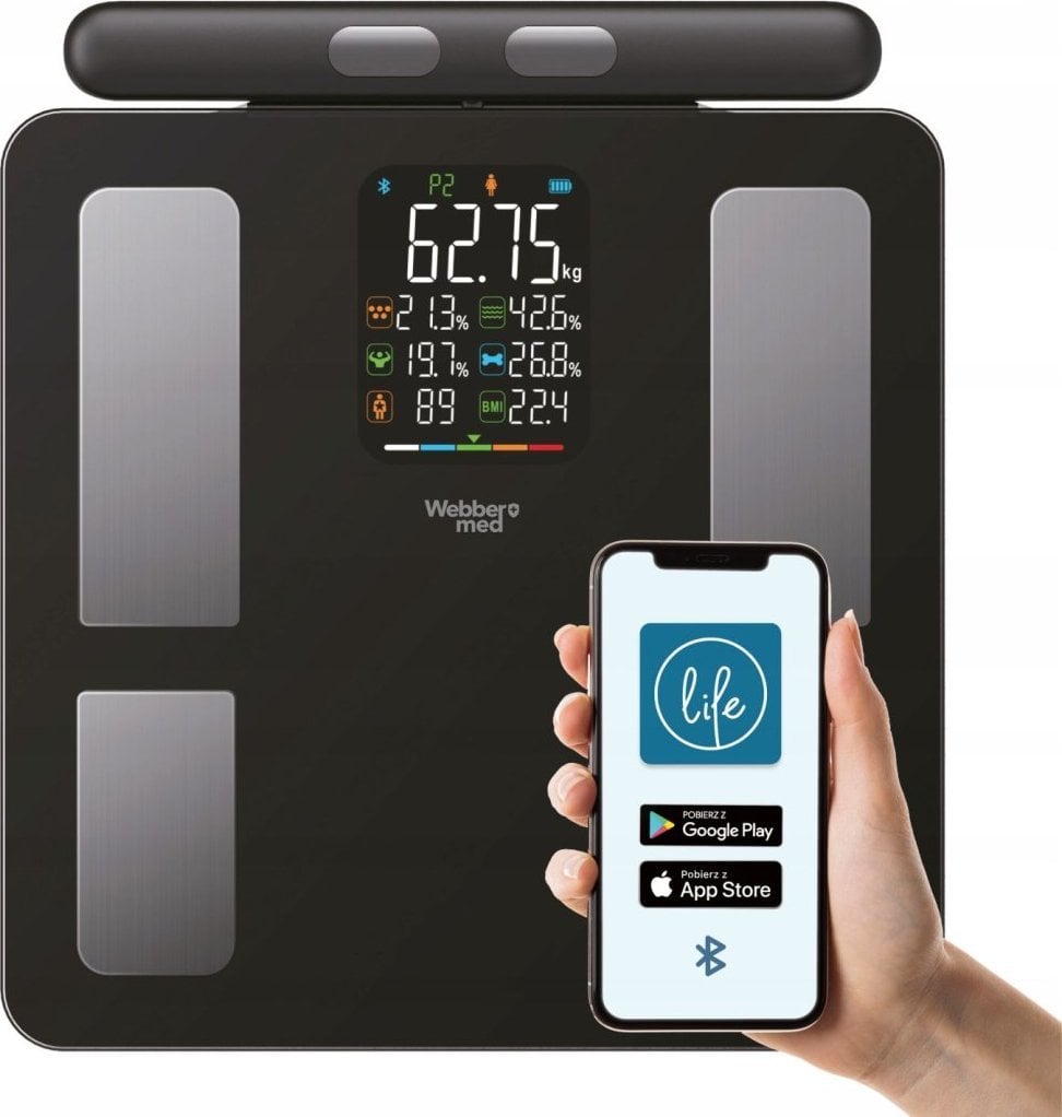 Waga łazienkowa Webber Waga łazienkowa analityczna 15 parametrów Apple Health Google Fit SCALA WEBBE...