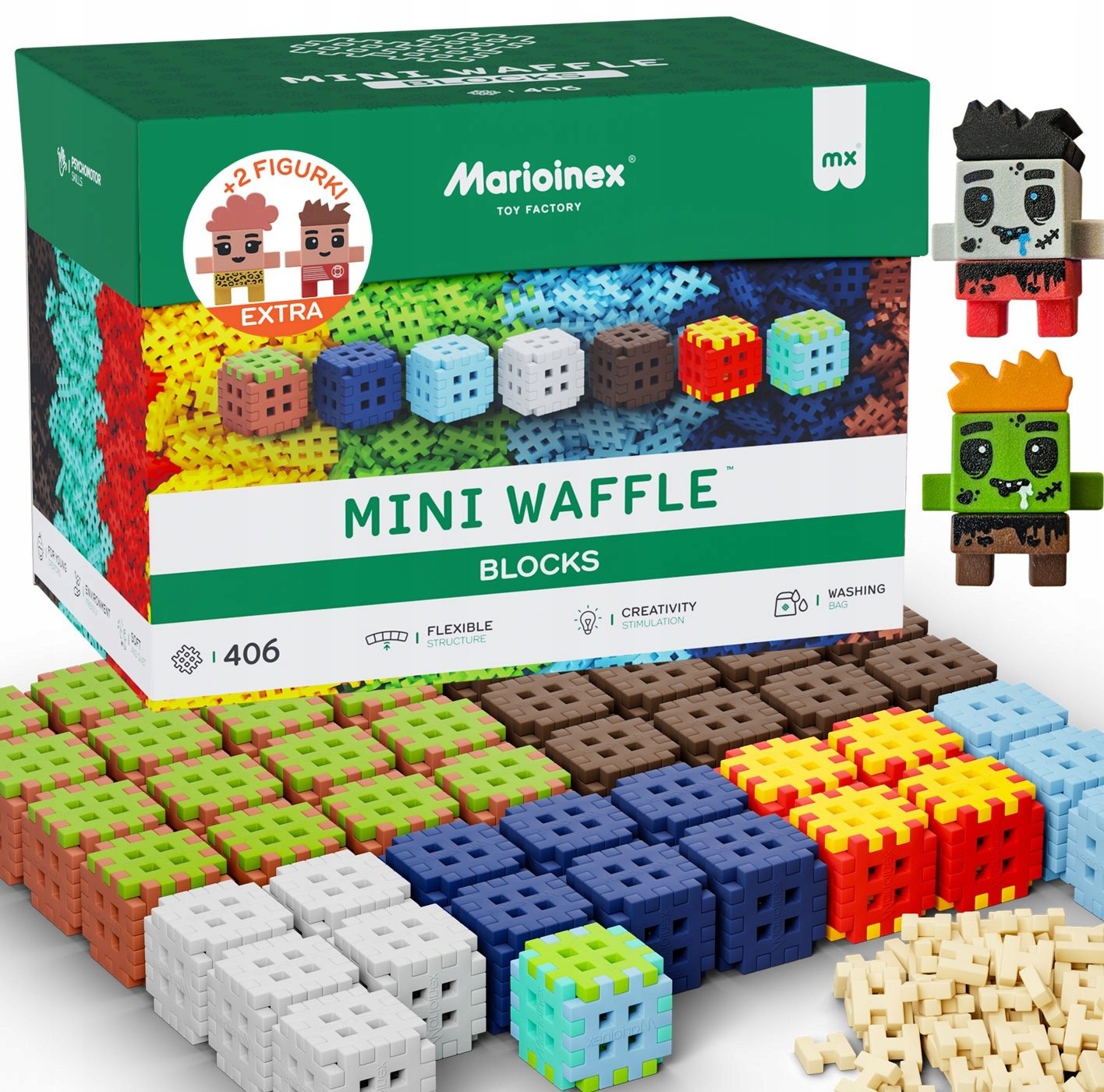 Marioinex Mini Waffle Green Blocks 408 el. - Klocki Bloki Pixel 2 Figurki