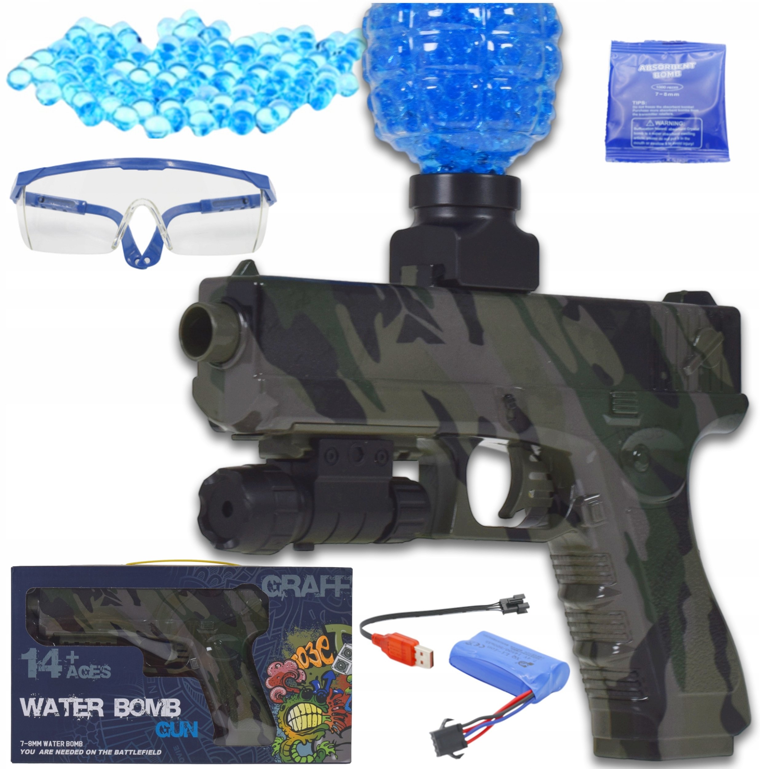 Skleplolki PISTOLET NA KULKI ŻELOWE AUTOMAT BATERIA OKULARY 1000KULEK CELOWNIK GRANAT