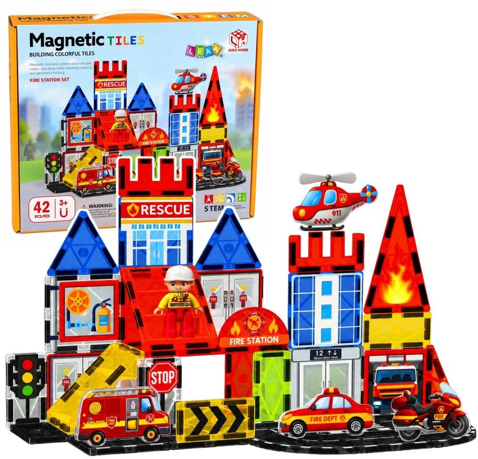 LeanToys Klocki magnetyczne konstrukcyjne baza strażacka straż pożarna 42 el.