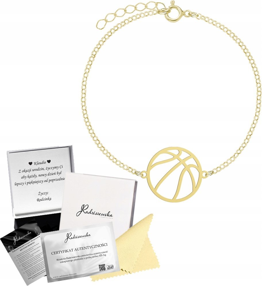 Radziszewska Jewellery Złota Bransoletka z Piłką do Koszykówki SREBRO 925 Łańcuszek ŻYCZENIA