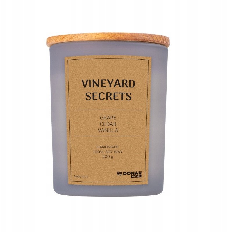 Świeca sojowa DONAU HOME, w szarym szkle, drewniana pokrywa i knot, Vineyard Secrets, 200g