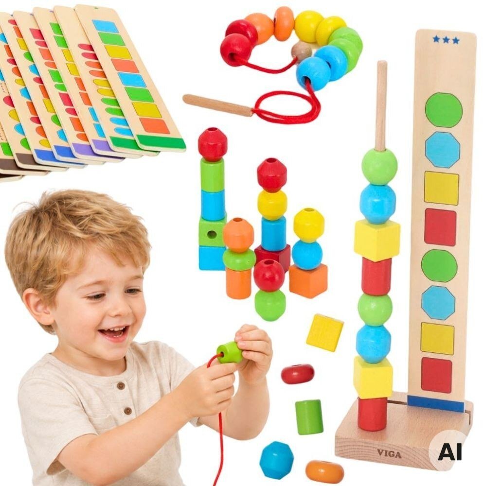 Tooky Toy VIGA Drewniane Koraliki Do Nawlekania Układanie Sekwencji Wzory 64 el. 3+ (44863)