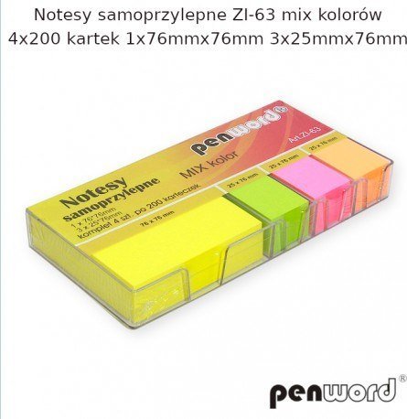 NOTESY SAMOPRZYLEPNE ZI-63 MIX KOLORÓW 4X200 KARTEK 1x76mmx76mm 3x25mmx76mm