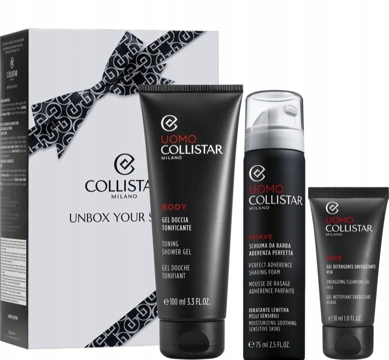 Collistar MĘŻCZYZNA IDEALNE PRZYLEGANIE PIANKA DO GOLENIA DO WRAŻLIWEJ CERY 75 ML, ŻEL POD PRYSZNIC TONIZUJĄCY 100 ML, ŻEL OCZYSZCZAJĄCY ENERGETYZUJĄC