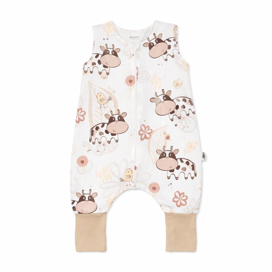 PULP BAMBOO Śpiworek do spania całoroczny z nogawkami i skarpetkami - 1,5 TOG do 2.5 lat - KRÓWKI