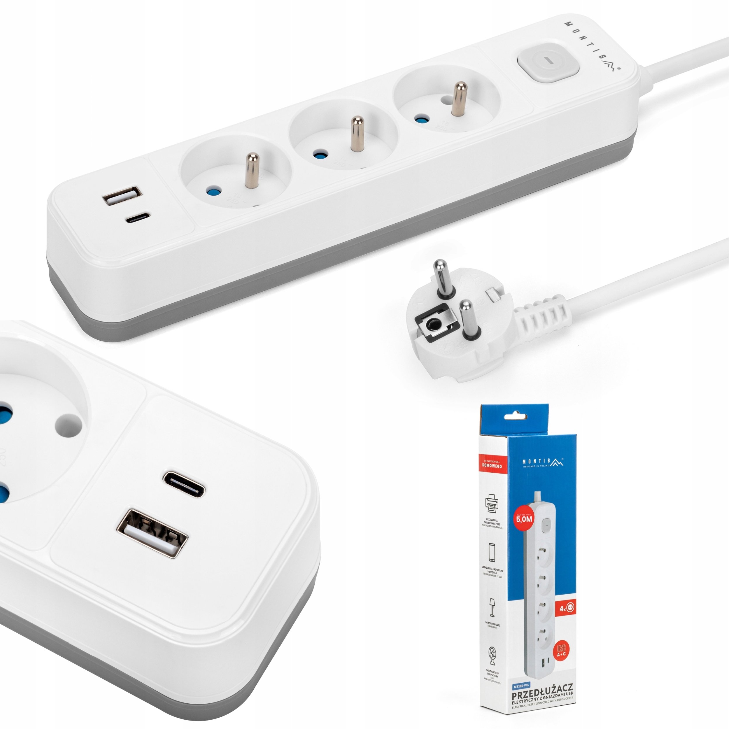 Montis Przedłużacz elektryczny biało-szary 3-gniazdowy z USB 1,5m MT185-WG-1,5