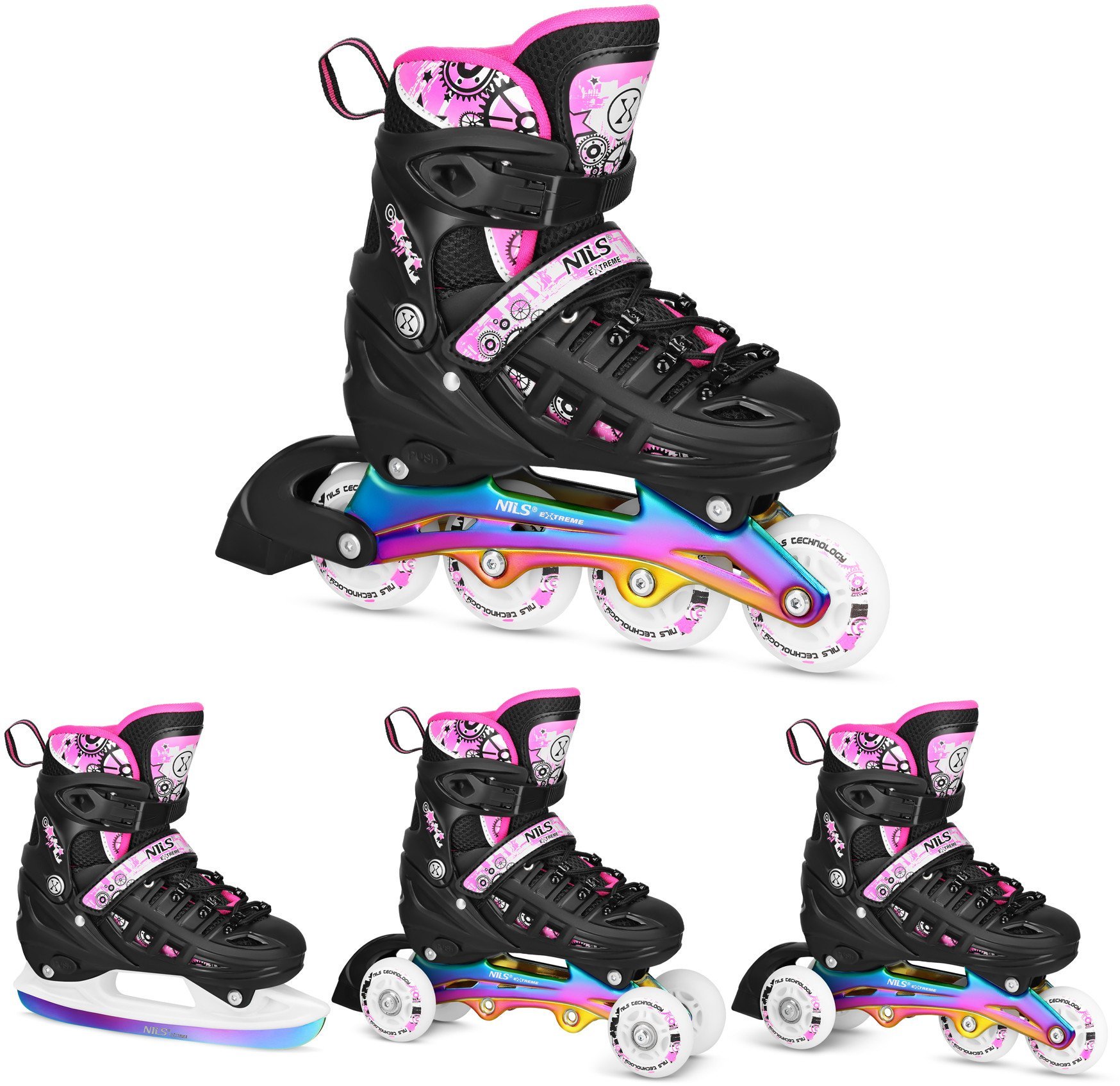 NH10905 4w1 ŁYŻWOROLKI LED RÓŻOWE Z WYM. PŁOZĄ HOKEJOWĄ RAINBOW ROZM. L(39-42) NILS EXTREME