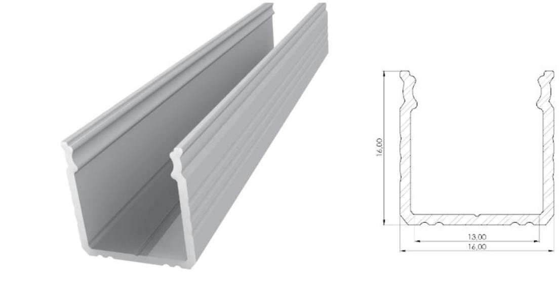 MPL Power Profil ALU nawierzchniowy 16mm, surowy, dł 3000mm, max szer taśmy 12mm