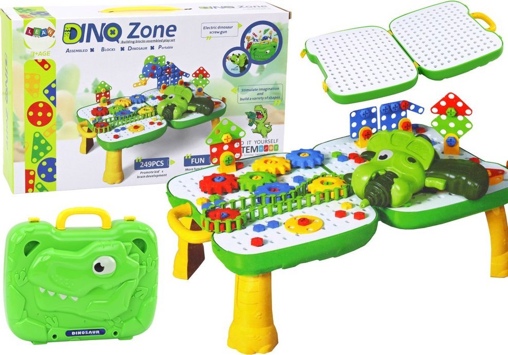 LeanToys Stolik Walizka Zestaw DIY Układanka Klocki Dinozaur Wkrętarka 249 ele.