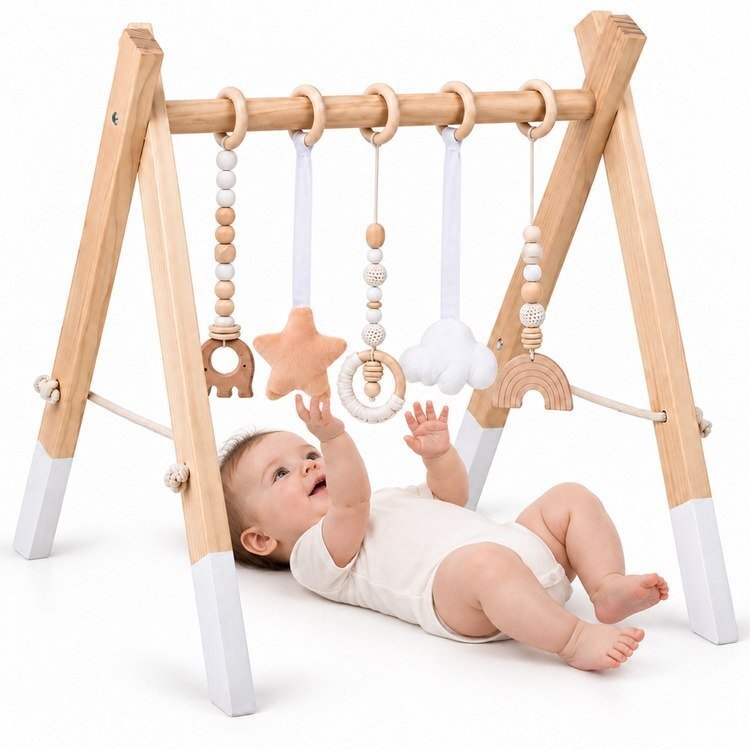 Jokomisiada Drewniany stojak edukacyjny Baby Gym z 5 zawieszkami dla niemowląt EDUKAMP (ZA6490)