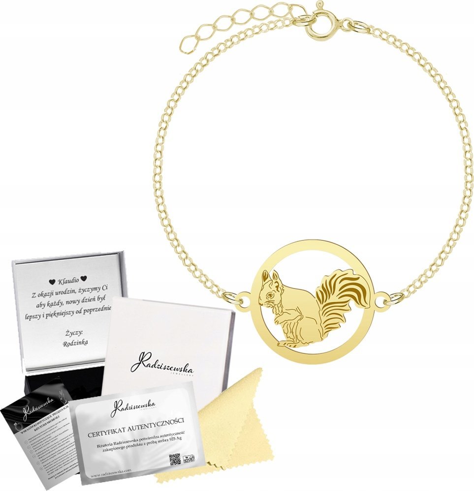 Radziszewska Jewellery Bransoletka Złota z Wiewiórką Wiewiórka 925 Łańcuszek Prezent GRAWER