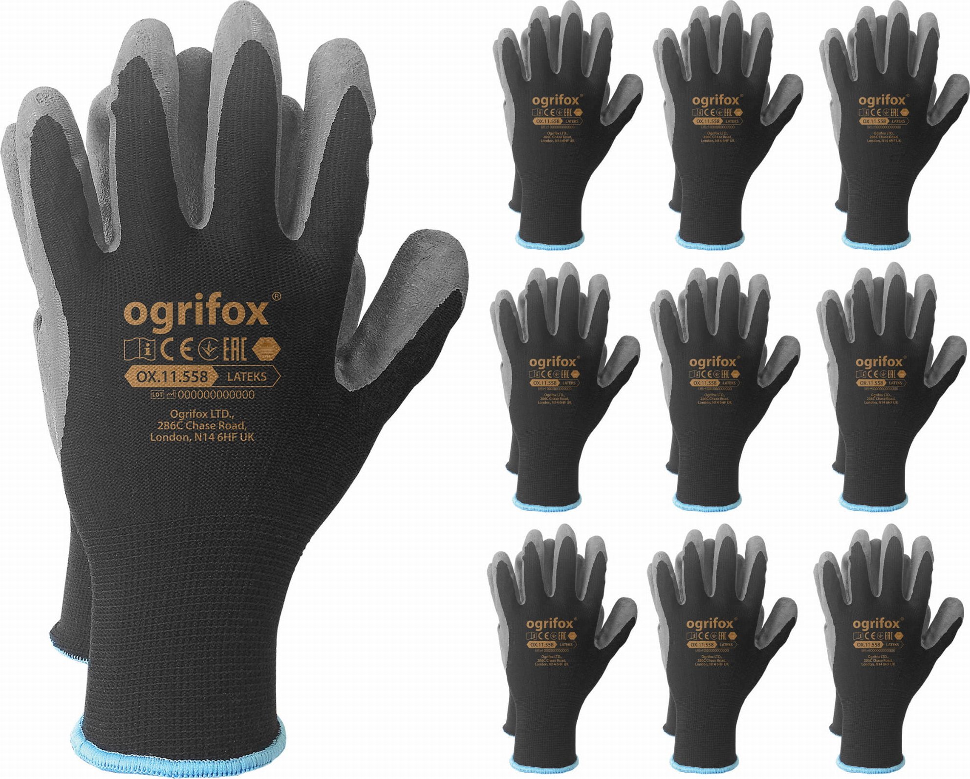 Ogrifox Rękawice robocze / Czarne / OX-LATEKS_BS - 100 Par (9 - L)