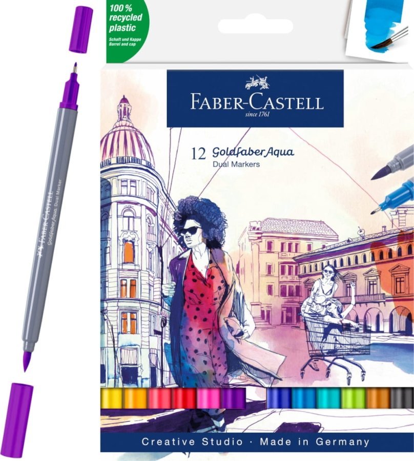 Faber-Castell Pisaki Akwarelowe Dwustronne Goldfaber Aqua Zestaw 12 Kolorów 164612FC
