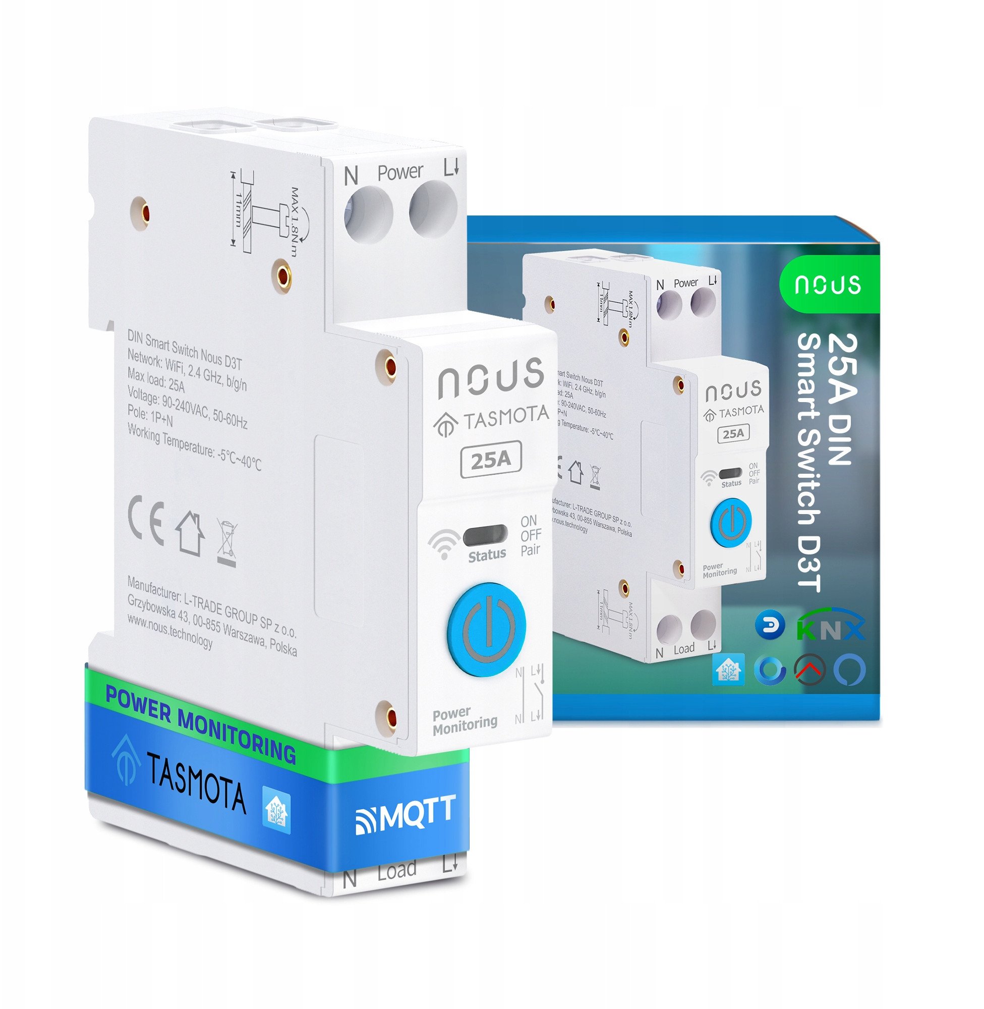 NOUS D3T DIN Smart Switch 25A with Tasmota (ESP32)