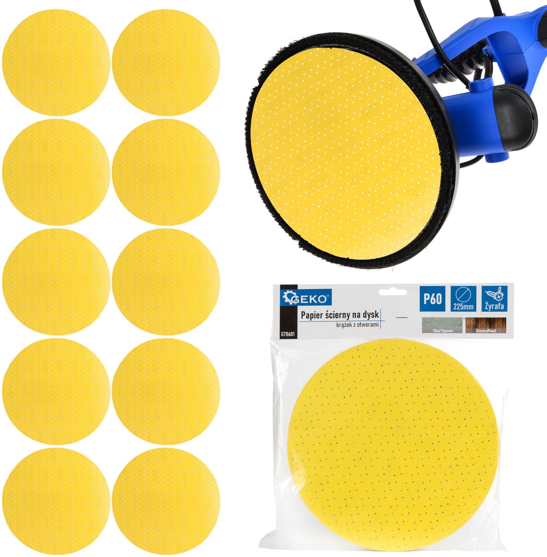 Geko Papier ścierny na dysk – krążek z otworami 225mm P60 /żyrafa/ (10/100/500)