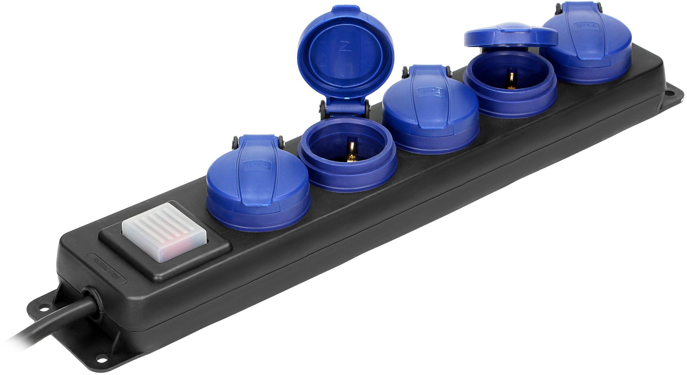 Przedłużacz warsztatowy bryzgoszczelny z wyłącznikiem, 5 gniazd 2P+Z, IP44, schuko przewód gumowy, H05RR-F 3x1,5mm2, długość 5m