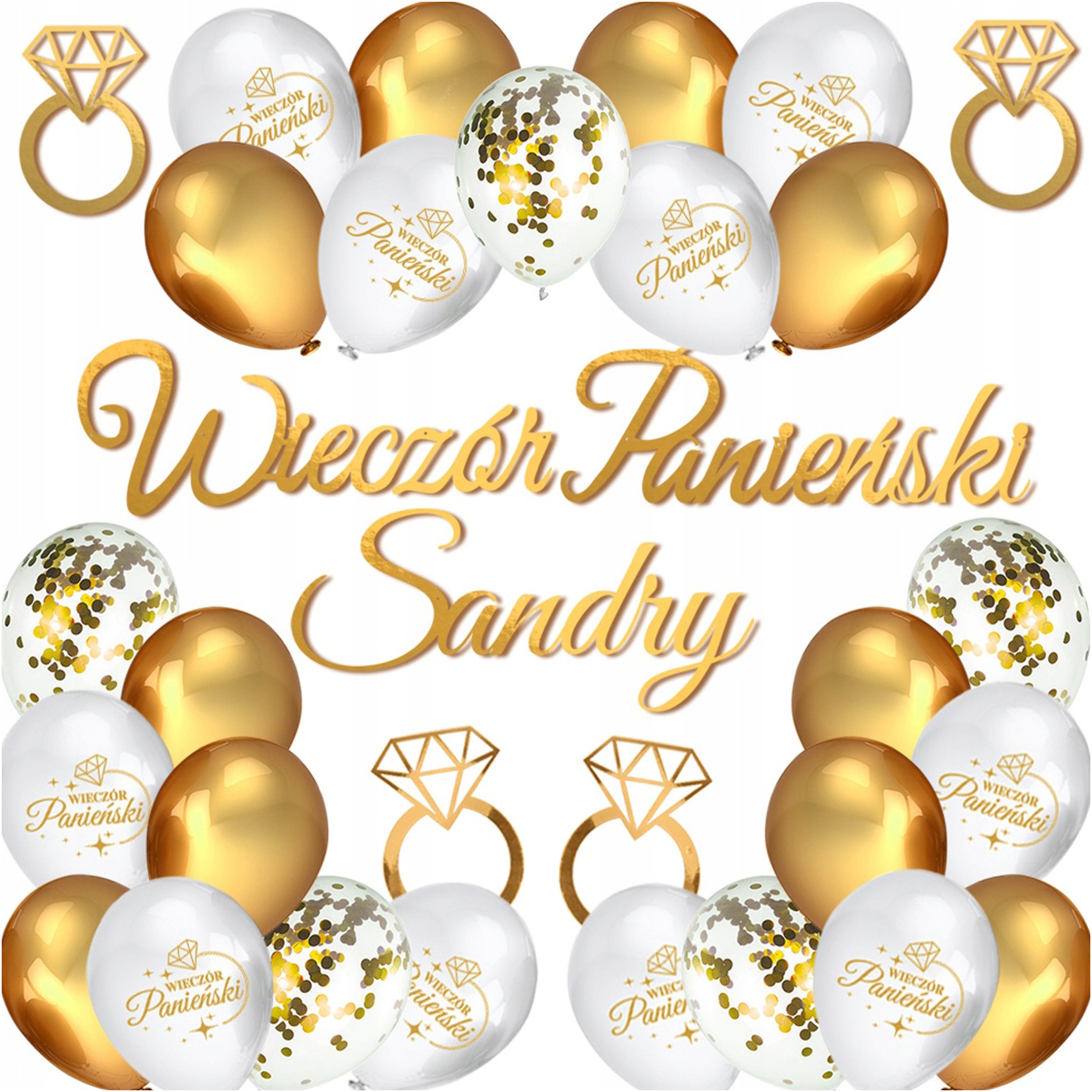 Zestaw Panieński Balony Baner Toppery Z Pierścionkami Złoto