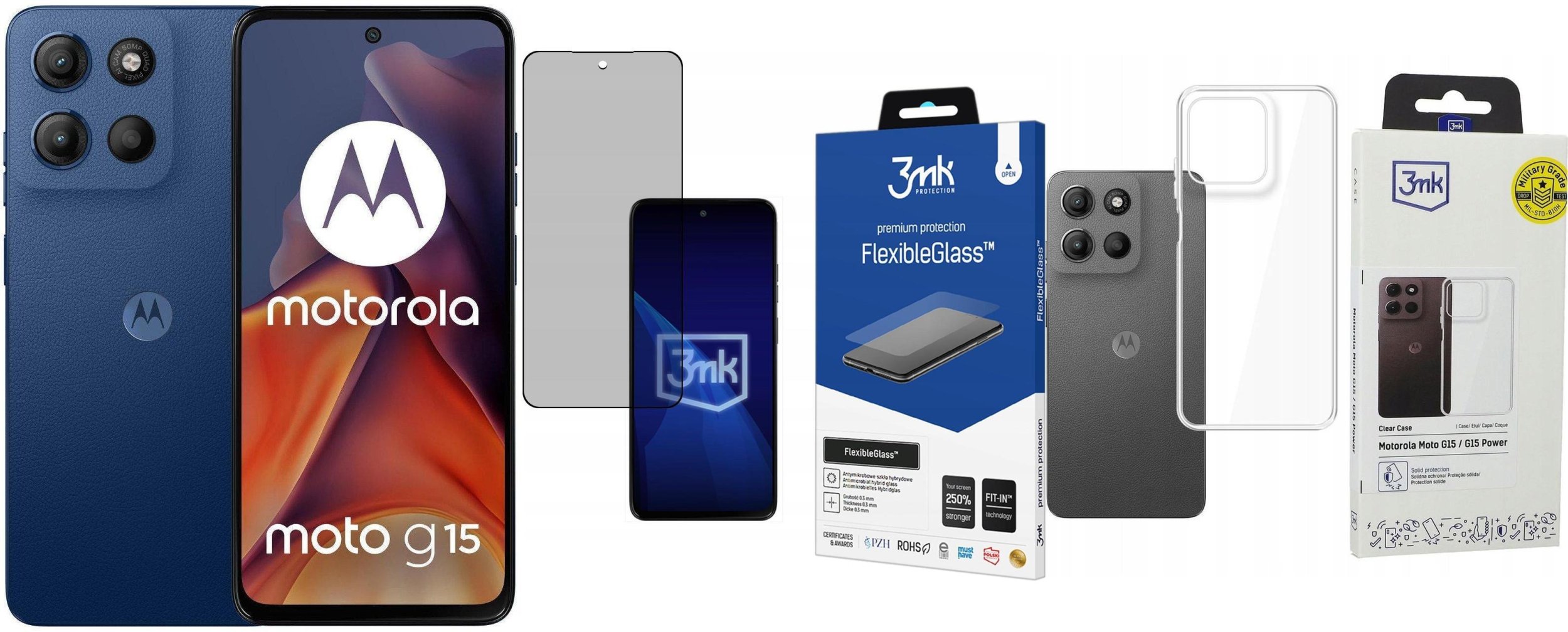 Smartfon Motorola Moto G15 8/128GB Granatowy (8033779079115) + FlexibleGlass + Etui Clear Case