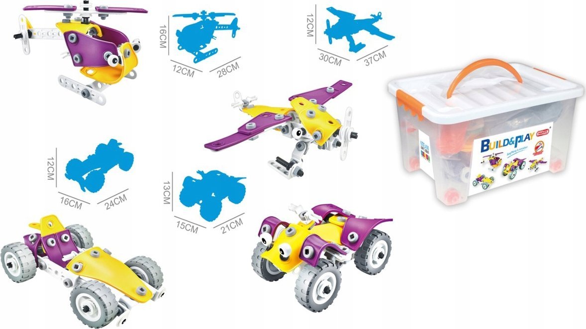 Klocki Elastyczne, Konstrukcyjne 100 El. Formuła 1, Quad, Helikopter, Samolot Do Rozkręcania I Skręcania 4w1