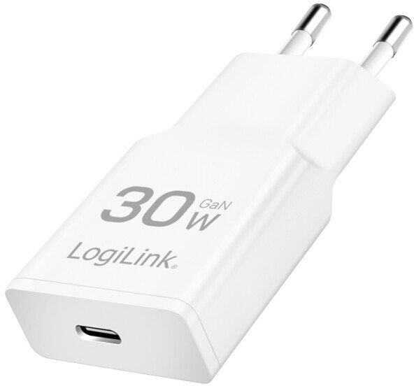 LogiLink USB Wall Charger, GaN, 1port, USB-CF, PD 30W, slim, white