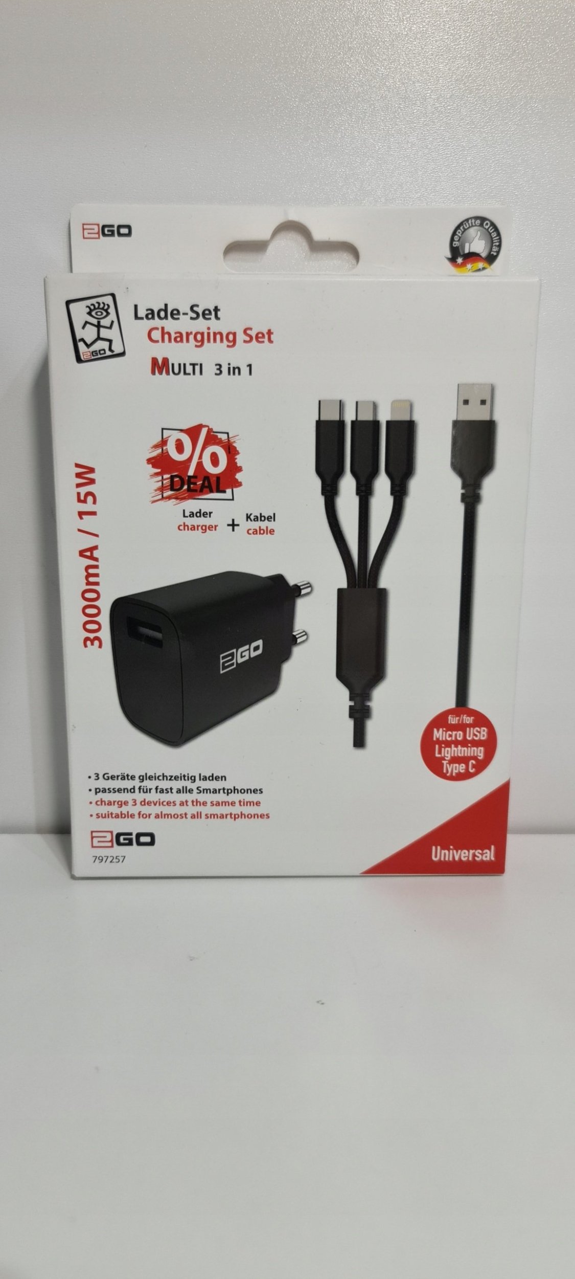 Ładowarka 2GO 2GO Ladegerät 15W inkl. Kabel 1xUSB-A 1xMicroUSB 1xLightn sw