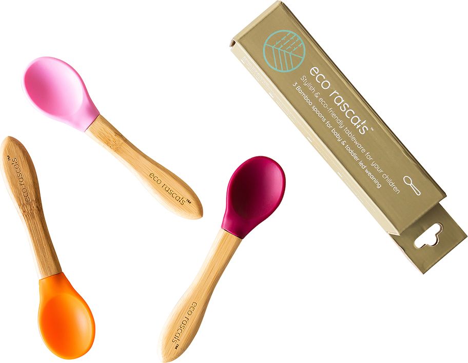ECO RASCALS ECORASCALS* Zestaw łyżeczek bambusowa z silikonową nakładką 3 SZT MIX (czerwona, różowa, pomarańczowa)