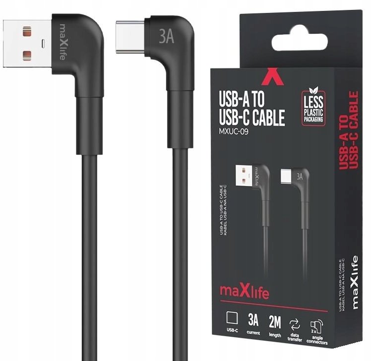 Maxlife kabel kątowy MXUC-09 USB - USB-C 2,0 m 3A czarny