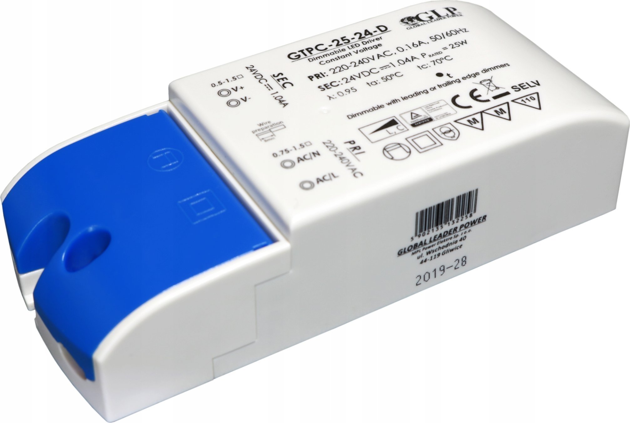 MPL Power GLP Zasilacz LED GTPC-25-24-D 25W 24V DC 1,04A meblowy TRIAC dimmable / ściemnialny