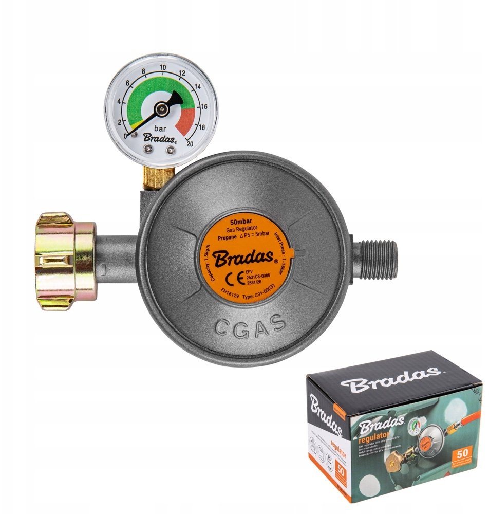 Bradas BRADAS Reduktor gazowy z manometrem i zaworem bezpieczeństwa EFV 50 mbar 1,5 kg/h G1/4" -LH P...