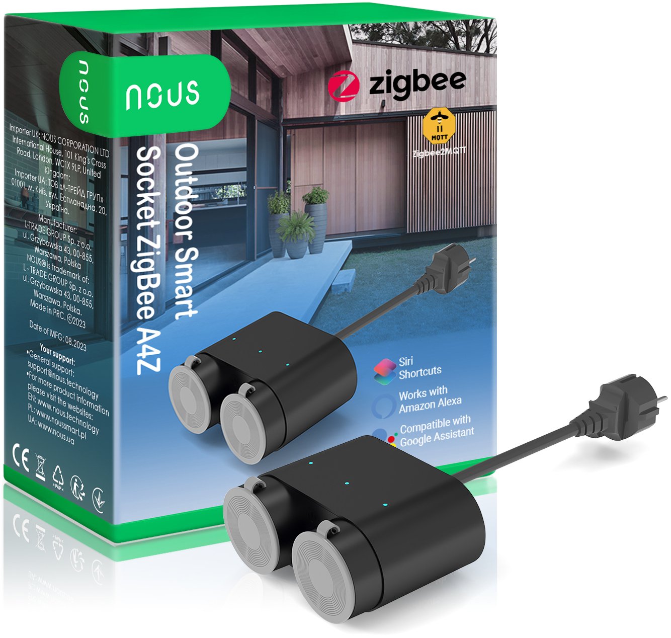 Nous Inteligentna gniazdko ZigBee podwójne 230Vac 16A hermetyczne IP44 z pomiarem energii TUYA / Smart Life