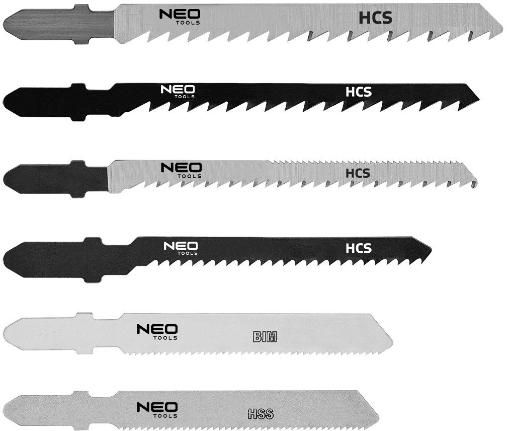 Neo Zestaw brzeszczotów do wyrzynarki, 6, 10, 12, 21 TPI, HCS/HHS/BIM, uchwyt typu T, 6 szt.